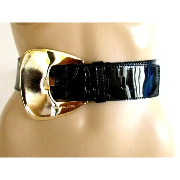 Michael Kors Collection Black Patent Leather Gold Tone Buckle Designer Belt Med